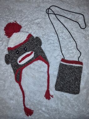 Hand Knit Sock Monkey Hat And Bag